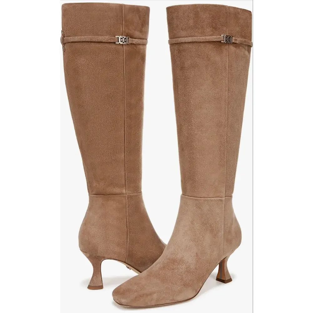 Sam Edelman Lyla Taupe Suede Gothic Knee High Kitten Heel Boot Size 7